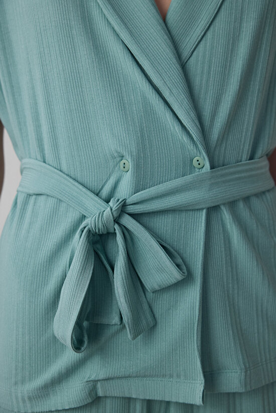 Yeşil Lenna Ribanalı V Yaka Lohusa Pijama Takımı - 4