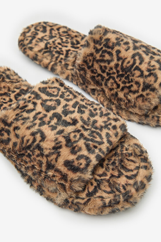 Leopard Fluffy Bej Terlik - 3