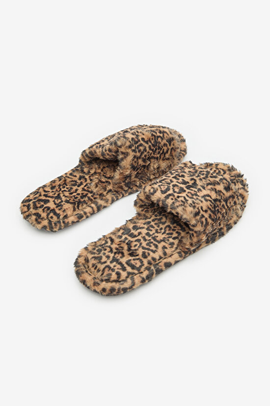 Leopard Fluffy Bej Terlik - 4