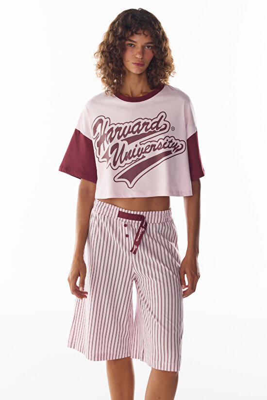 Pembe Harvard Graffiti Desenli Kısa Kollu Şort Pijama Takımı - 1
