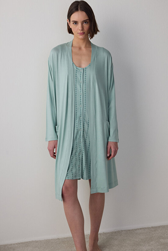 Açık Mint Lenna Çiçekli Düğmeli Hamile Emzirme Geceliği - 4