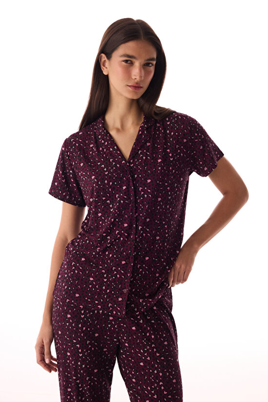 Bordo Leopard Rib Gömlek Pantolon Pijama Takımı - 2