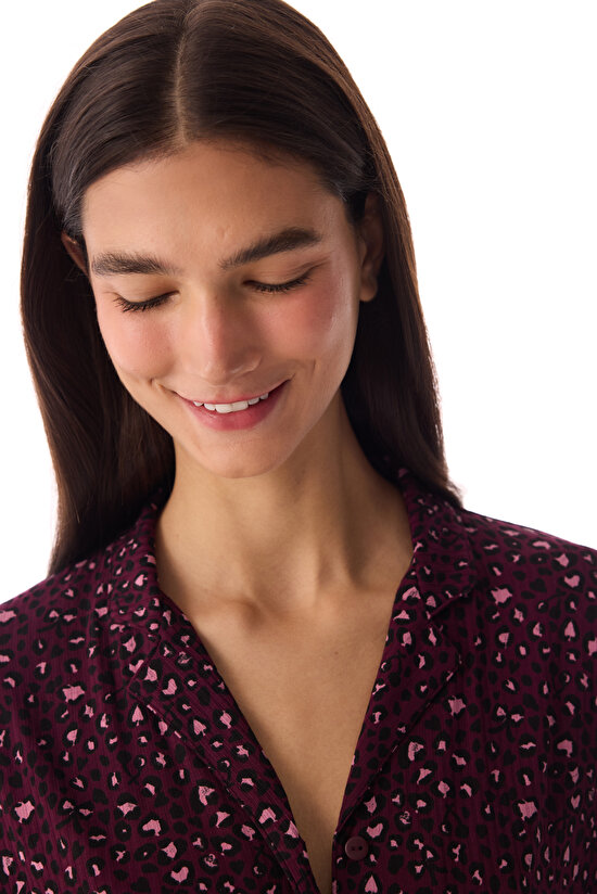 Bordo Leopard Rib Gömlek Pantolon Pijama Takımı - 3