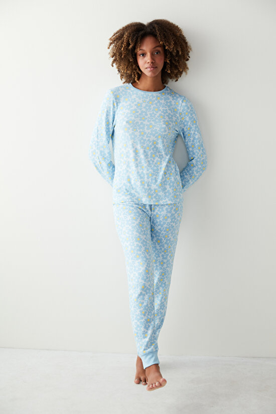 Açık Mavi Flower Garden Termal Pijama Takımı - 2