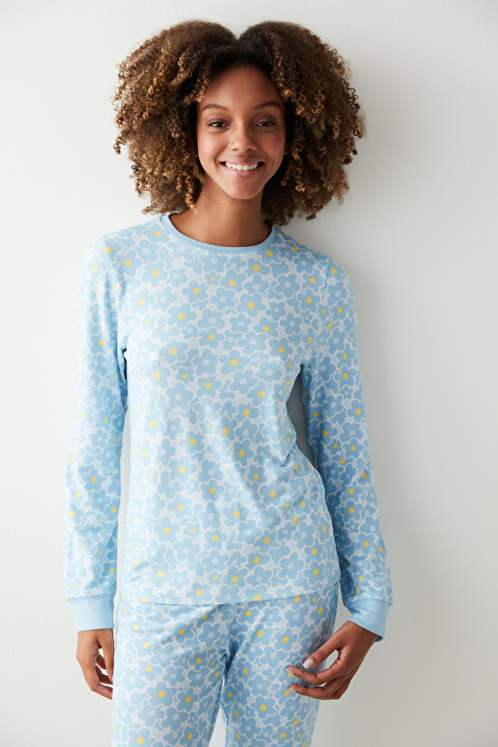 Açık Mavi Flower Garden Termal Pijama Takımı - 3