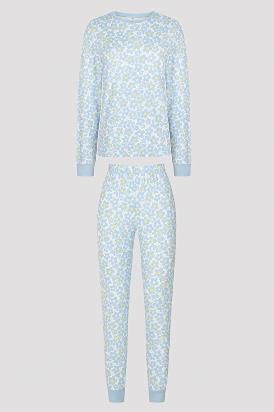 Açık Mavi Flower Garden Termal Pijama Takımı - 8