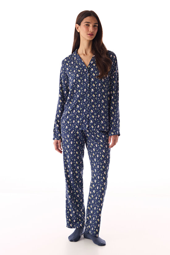 Koyu Mavi Pretty Flowers Gömlek Pantolon Pijama Takımı - 1