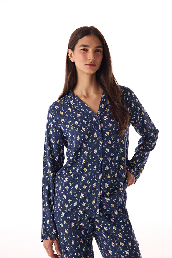 Koyu Mavi Pretty Flowers Gömlek Pantolon Pijama Takımı - 2