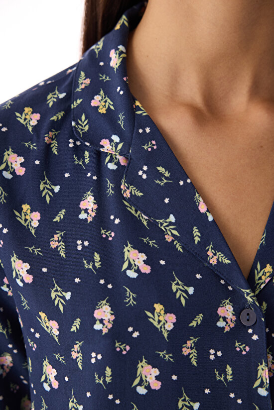 Koyu Mavi Pretty Flowers Gömlek Pantolon Pijama Takımı - 3