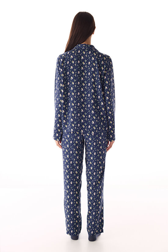 Koyu Mavi Pretty Flowers Gömlek Pantolon Pijama Takımı - 4
