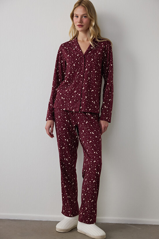 Bordo Starry Night Gömlek Pantolon Pijama Takımı - 1