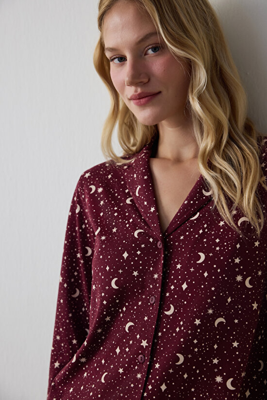 Bordo Starry Night Gömlek Pantolon Pijama Takımı - 3
