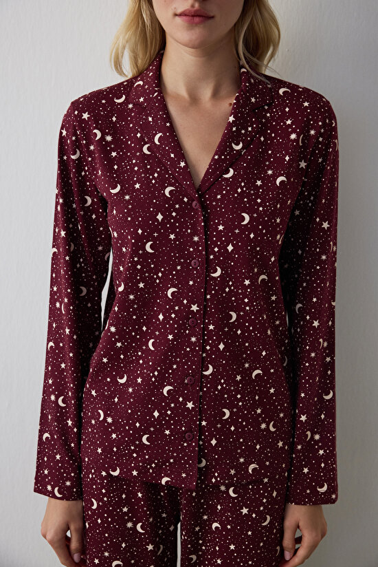 Bordo Starry Night Gömlek Pantolon Pijama Takımı - 4