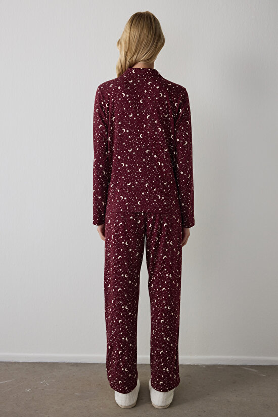 Bordo Starry Night Gömlek Pantolon Pijama Takımı - 5