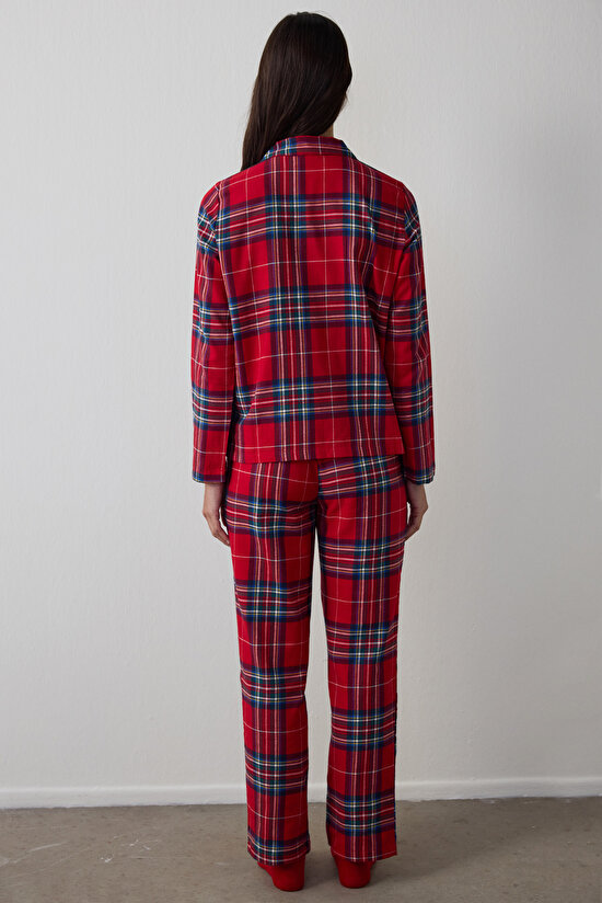 Kırmızı Ekoseli Gömlek Yaka Pamuklu Pijama Takımı - 2