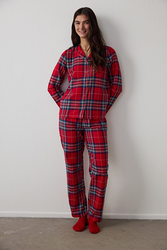 Kırmızı Ekoseli Gömlek Yaka Pamuklu Pijama Takımı - 3
