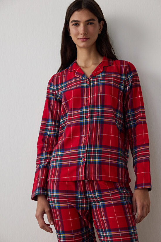 Kırmızı Ekoseli Gömlek Yaka Pamuklu Pijama Takımı - 4