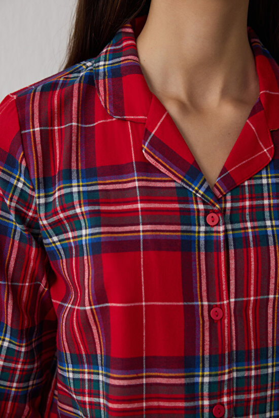 Kırmızı Ekoseli Gömlek Yaka Pamuklu Pijama Takımı - 5