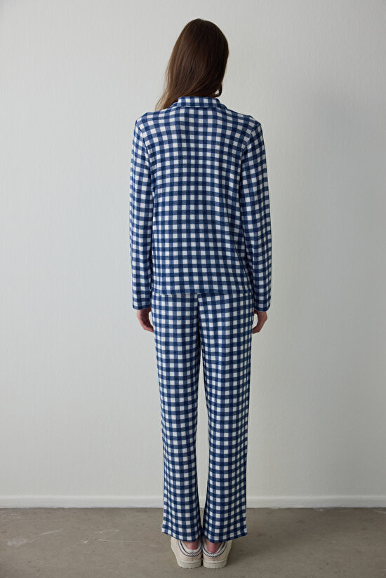 Lacivert Ekoseli Gömlek Yaka Termal Etkisi Pijama Takımı - 4