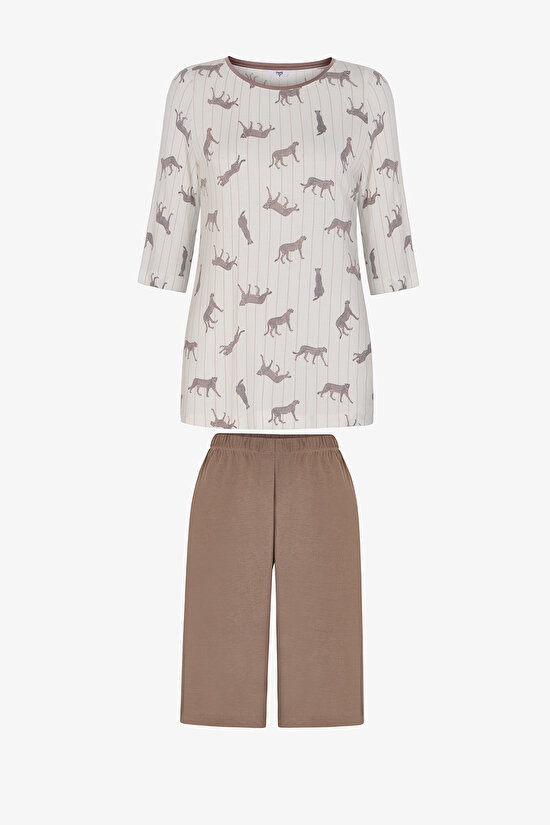 Bej Collagen Leopar Desenli 3/4 Kollu Şort Pijama Takımı - 1
