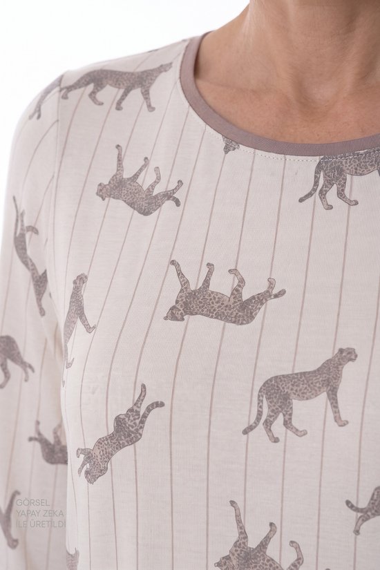 Bej Collagen Leopar Desenli 3/4 Kollu Şort Pijama Takımı - 3