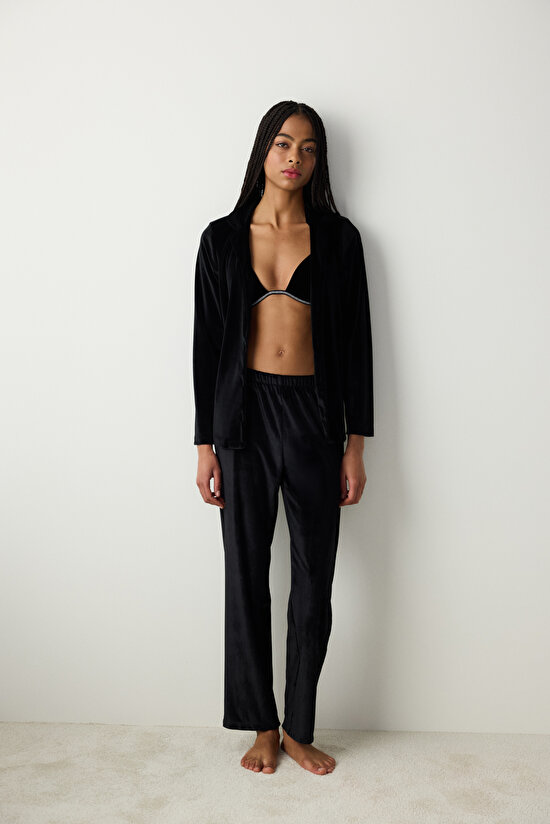 Dark Velvet Siyah Gömlek Pantolon Pijama Takımı - 3