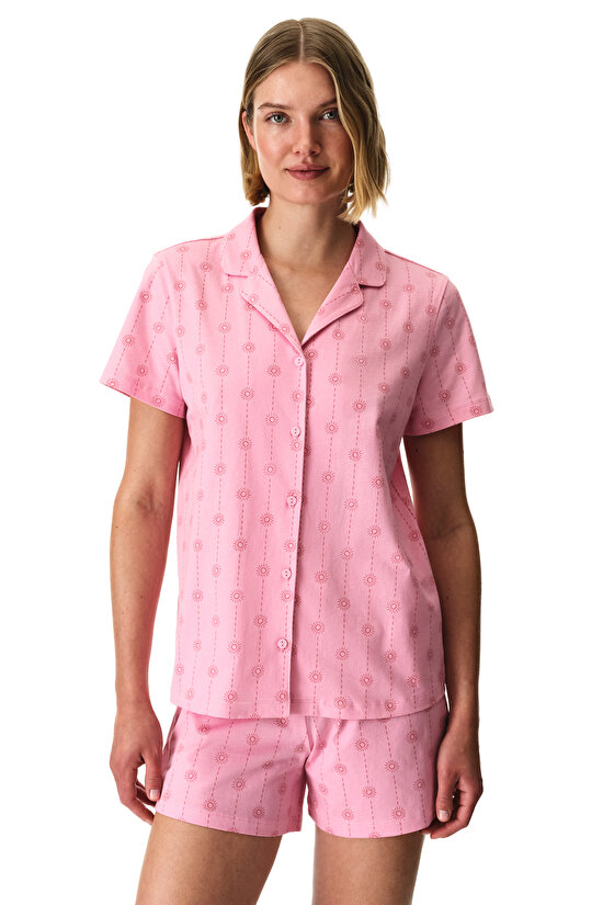 Pembe Pink Stardust Pamuklu Gömlek Şortlu Pijama Takımı - 1