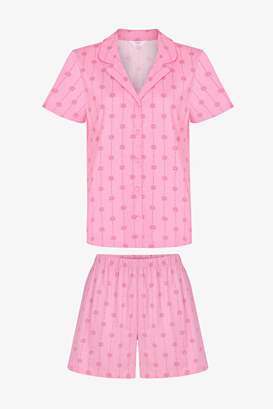 Pembe Pink Stardust Pamuklu Gömlek Şortlu Pijama Takımı - 5