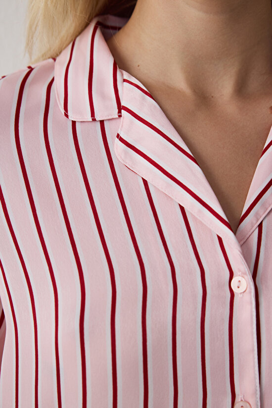 Gül Kurusu Çizgili Gömlek Yaka Saten Pijama Takımı - 5