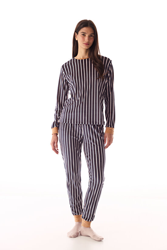Navy Blue Crew Neck Colorful Striped Pajama Top - 2