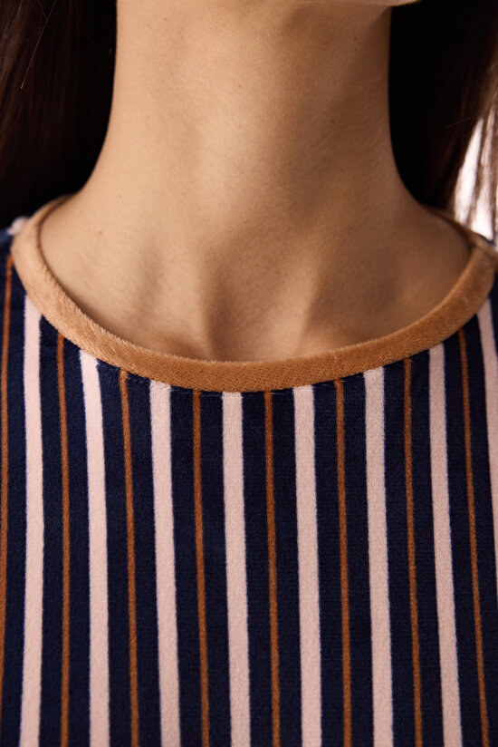 Navy Blue Crew Neck Colorful Striped Pajama Top - 3