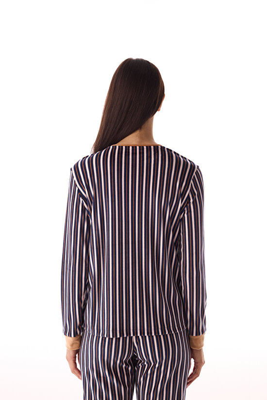 Navy Blue Crew Neck Colorful Striped Pajama Top - 4