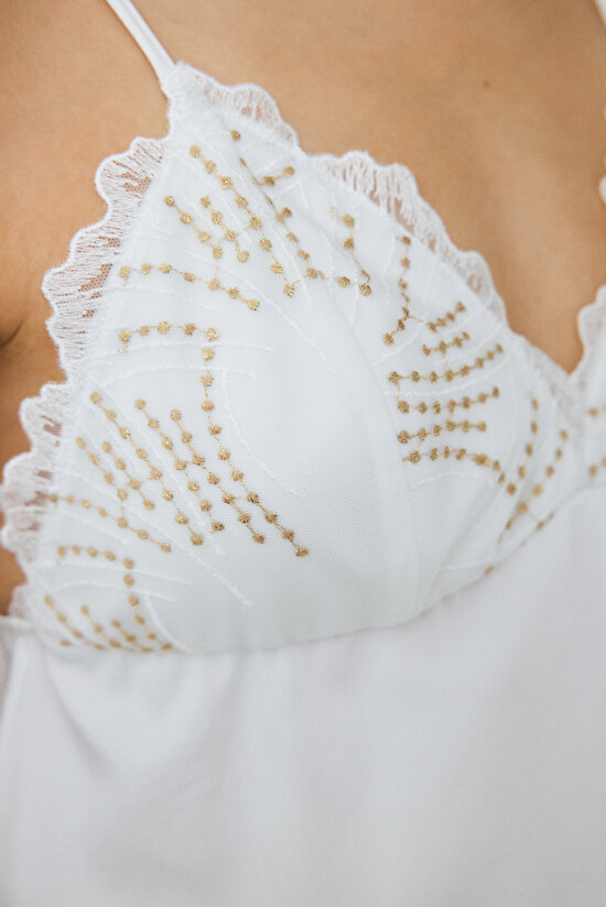 Kırık Beyaz Bridal Charming V Yaka Dantelli Saten Çeyizlik Pijama Takımı - 3