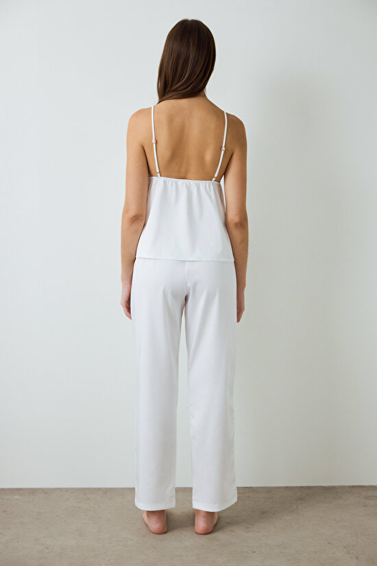 Kırık Beyaz Bridal Charming V Yaka Dantelli Saten Çeyizlik Pijama Takımı - 4