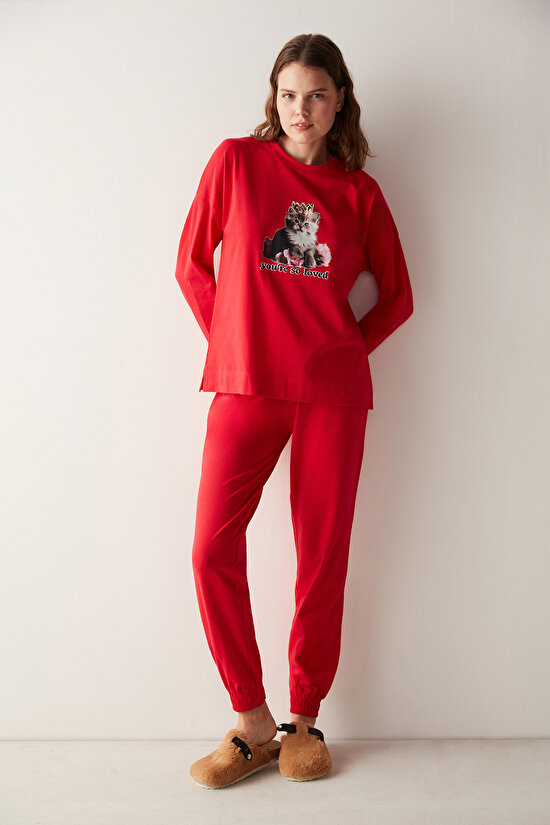 Love Kırmızı Pantolon Pijama Takımı - 1