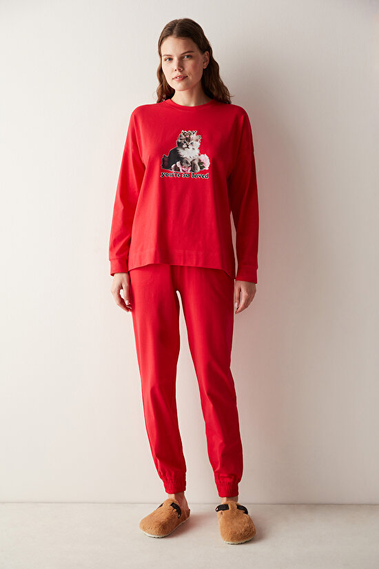 Love Kırmızı Pantolon Pijama Takımı - 2