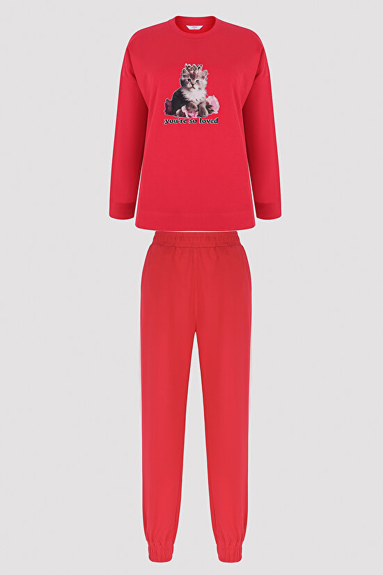 Love Kırmızı Pantolon Pijama Takımı - 7