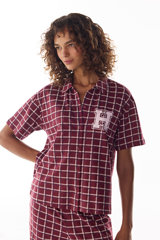Burgundy Harvard Houndstooth Short Sleeve Shirt & Trouser Pyjama Set - 2