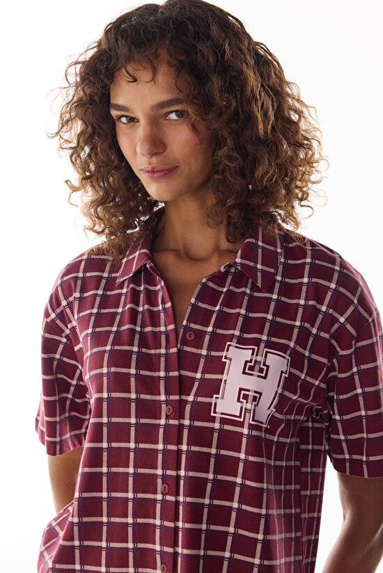 Burgundy Harvard Houndstooth Short Sleeve Shirt & Trouser Pyjama Set - 3