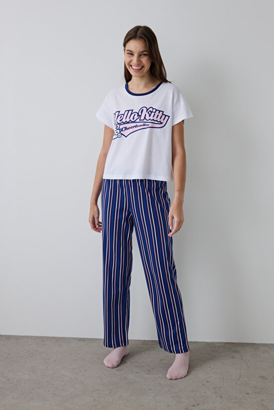 Optic White Hello Kitty Striped Short Sleeve Crew Neck Pajama Set - 1