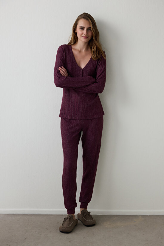 Bordo Cozy Time V Yaka Uzun Kollu Pijama Takımı - 1
