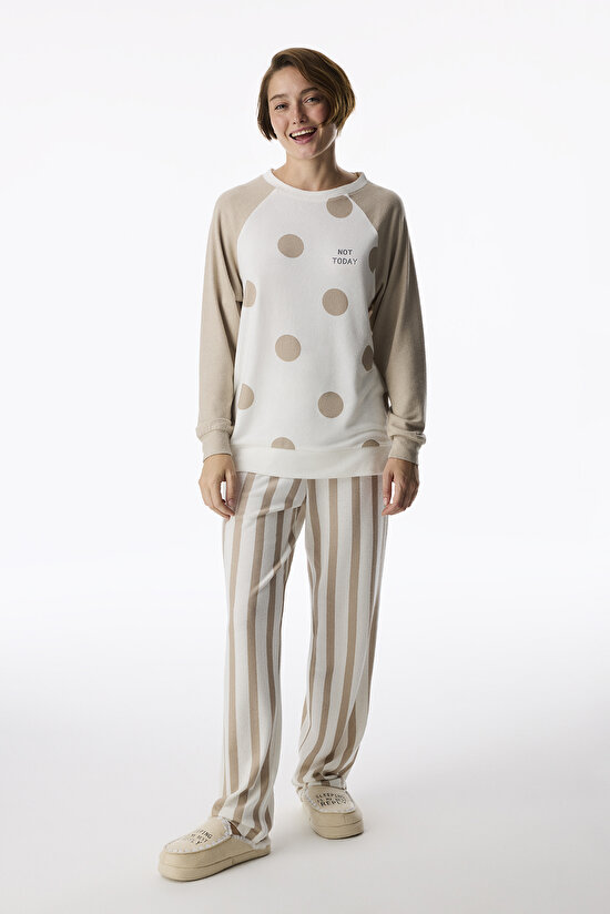 Beige Not Today Polka Dot Long Sleeve Pyjama Top - 1