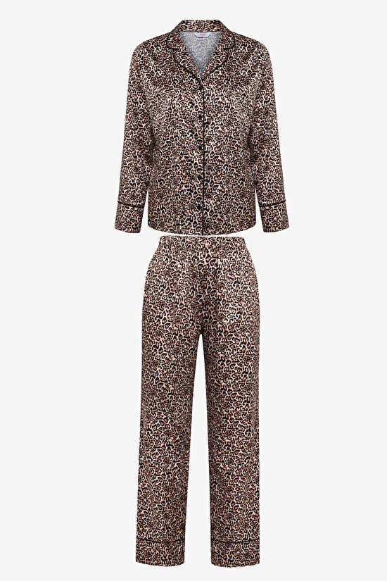 Leopard Saten Açık Bej Gömlek Pantolon Pijama Takımı - 1