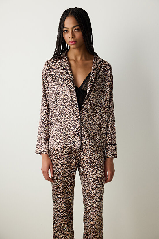 Leopard Satin Light Beige Shirt Pant PJ Set Leopard Satin Light Beige Shirt Pant PJ Set - 3