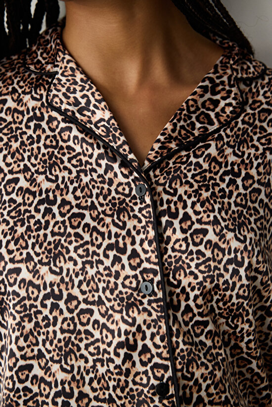 Leopard Satin Light Beige Shirt Pant PJ Set Leopard Satin Light Beige Shirt Pant PJ Set - 4