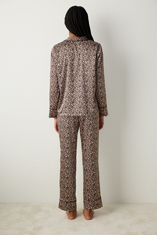 Leopard Satin Light Beige Shirt Pant PJ Set Leopard Satin Light Beige Shirt Pant PJ Set - 5