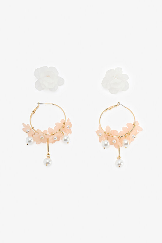 Beyaz - Pembe Floral Küpe Seti - 1