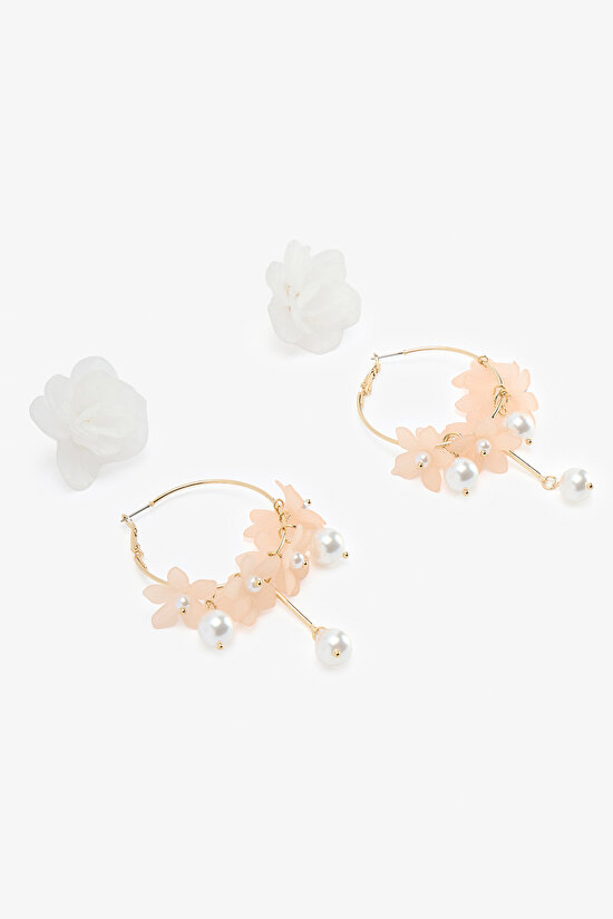 Beyaz - Pembe Floral Küpe Seti - 2