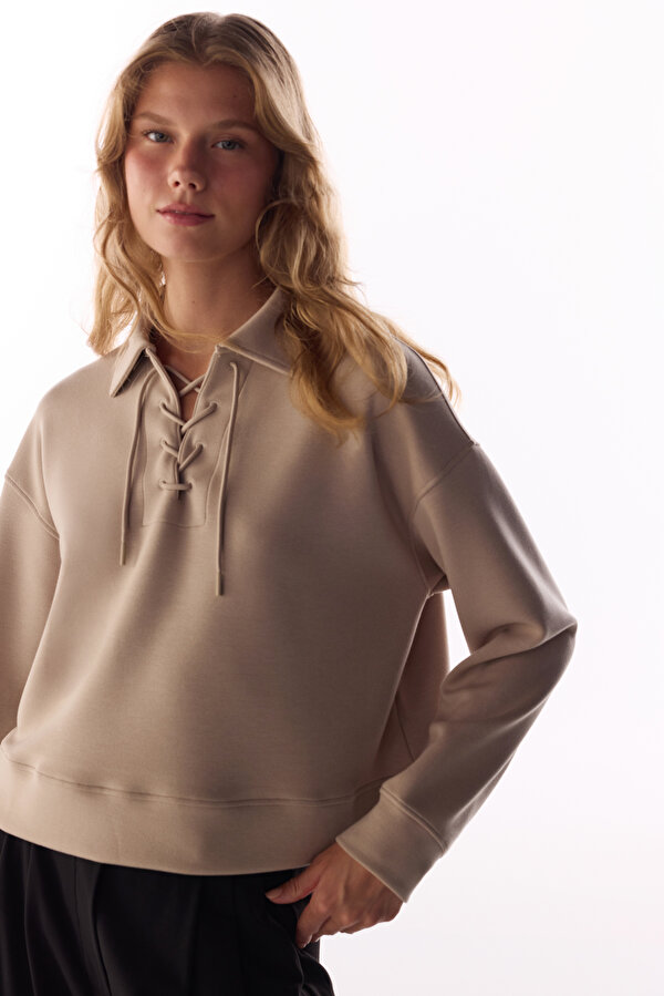 Bej İpeksi Dokunuş Silky Touch Bağcıklı Uzun Kollu Sweatshirt - 2 AL 1 ÖDE