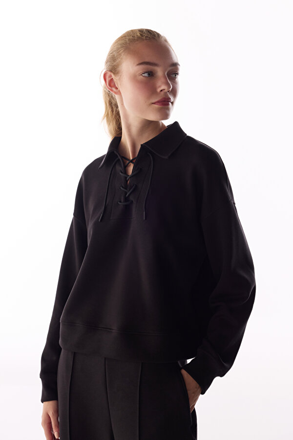 Siyah İpeksi Dokunuş Silky Touch Bağcıklı Uzun Kollu Sweatshirt - 2 AL 1 ÖDE